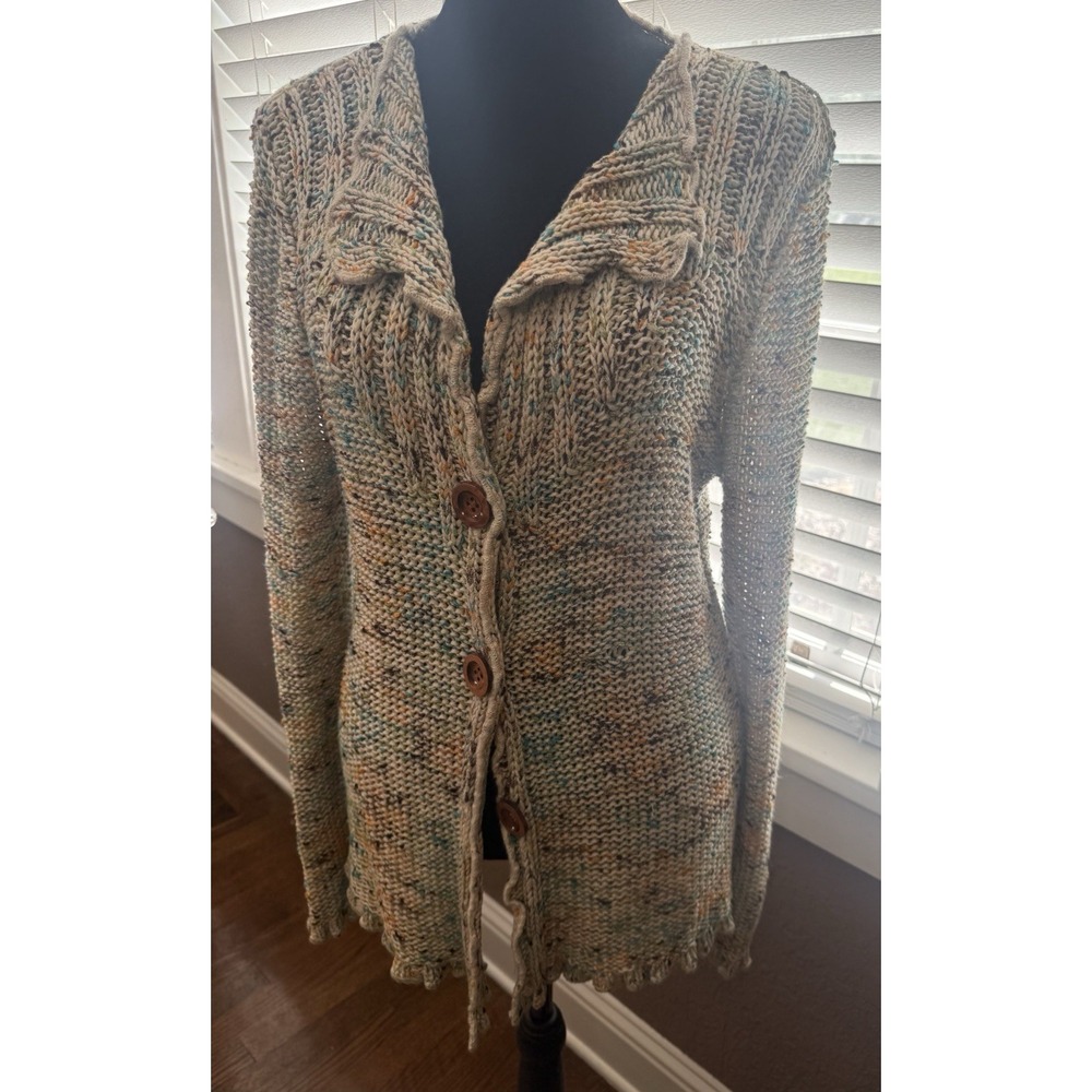 BCBG‎ Maxazria Marled Knit Cardigan Sweater Ruffle Trim Multi V Neck Sz M. Bho